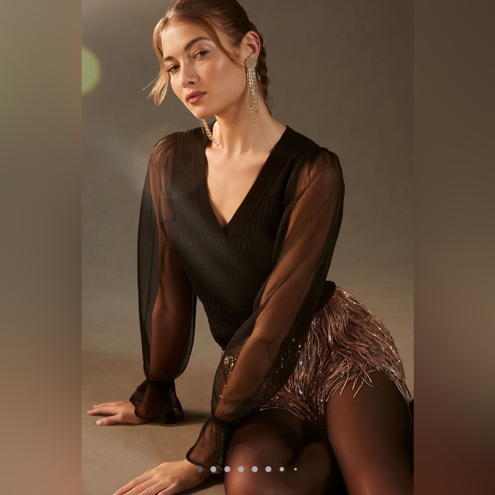NWOT ANTHROPOLOGIE MAEVE Sheer Sleeve V-Neck Sweater Black Dressy Date Night